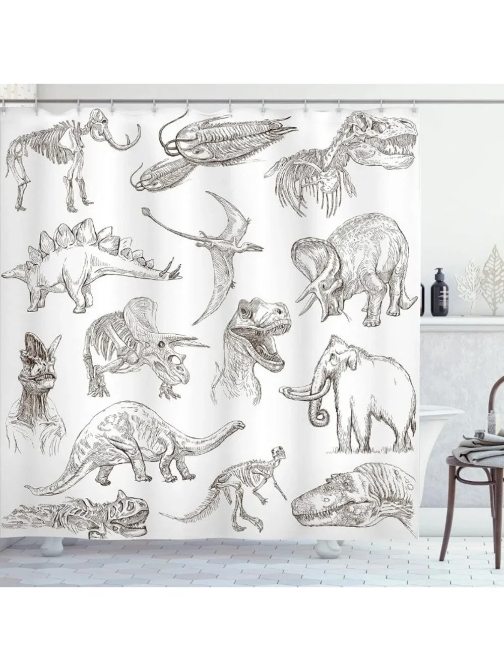 Jurassic Dinosaur Skeleton Shower Curtain, Unique Bathroom Decor, 69